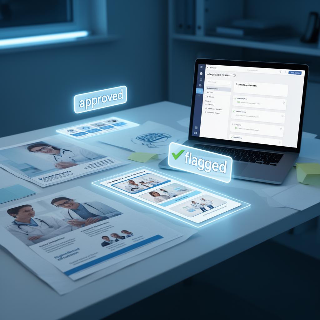 Designer's desk reviewing healthcare marketing creatives with floating compliance approval and flagged annotations and a laptop showing the review dashboard.