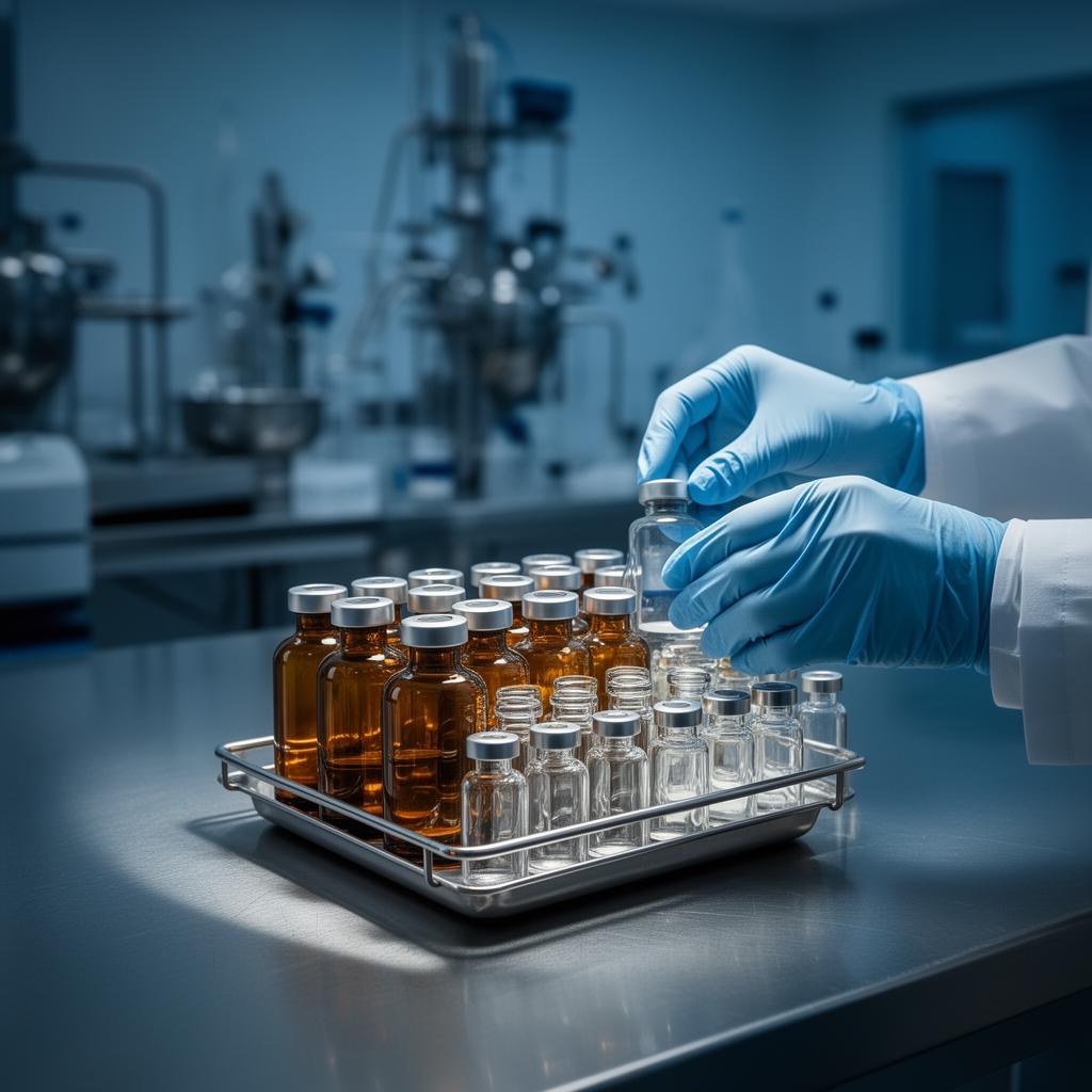 Pharmacist in a sterile compounding lab arranging amber and clear glass vials for 503A and 503B orders.