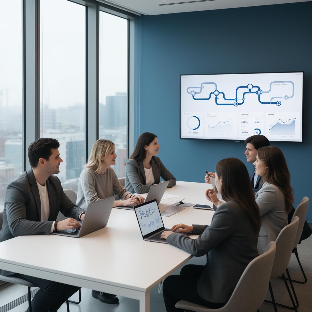 Modern sales team collaborating around a conference table with pipeline dashboards on a wall display.