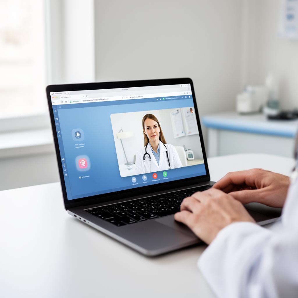 Clinician on a laptop running a HIPAA-compliant provider video consultation in a modern clinic.