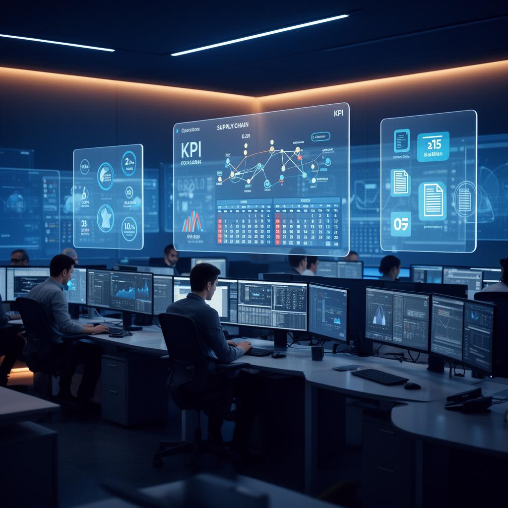 Operations control room with analysts reviewing KPI dashboards, supply-chain diagrams, and document workflows on translucent blue screens.