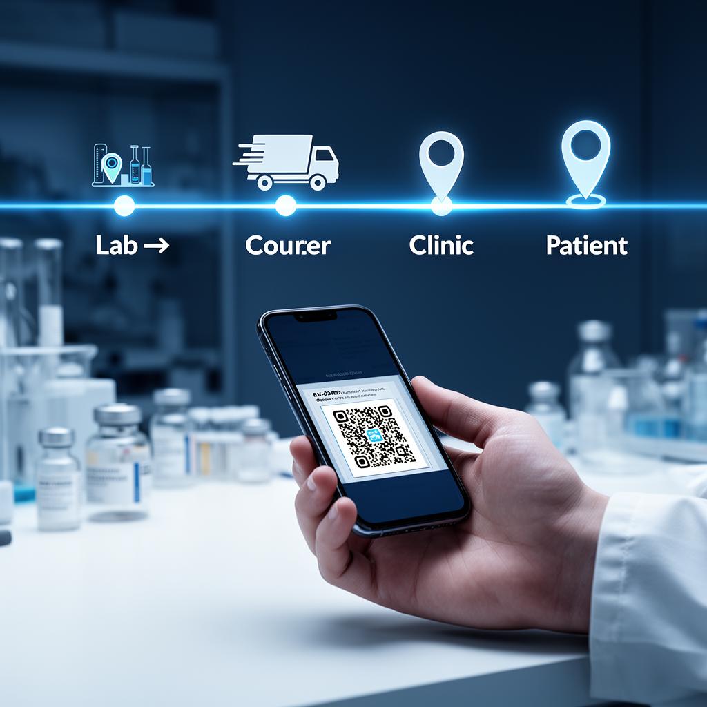 A hand scanning a QR code on a sealed pharmaceutical vial in a lab, with a luminous chain-of-custody timeline tracing lab to courier to clinic to patient.
